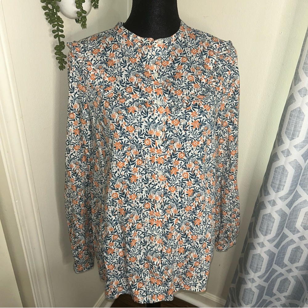 Floral Print Long Sleeve Blouse - Orange and Blue